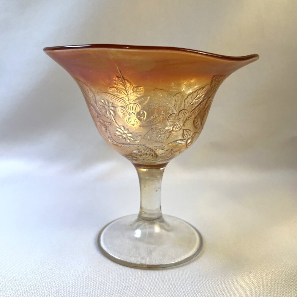 Fenton Carnival Glass Marigold “Peacock and Urn” Vintage Compote Pedestal Vase
